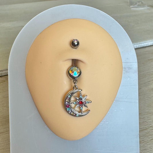 Silver Colorful Moon Belly Button Ring (14G, 10mm, Surgical Steel, Rose Gold, Silver or Gold)