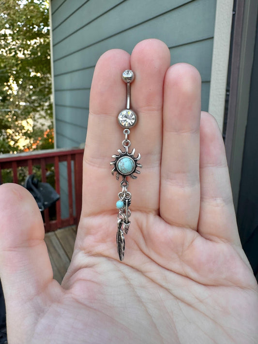 Dangly Turquoise Belly Button Ring (14G, 10mm, Surgical Steel)