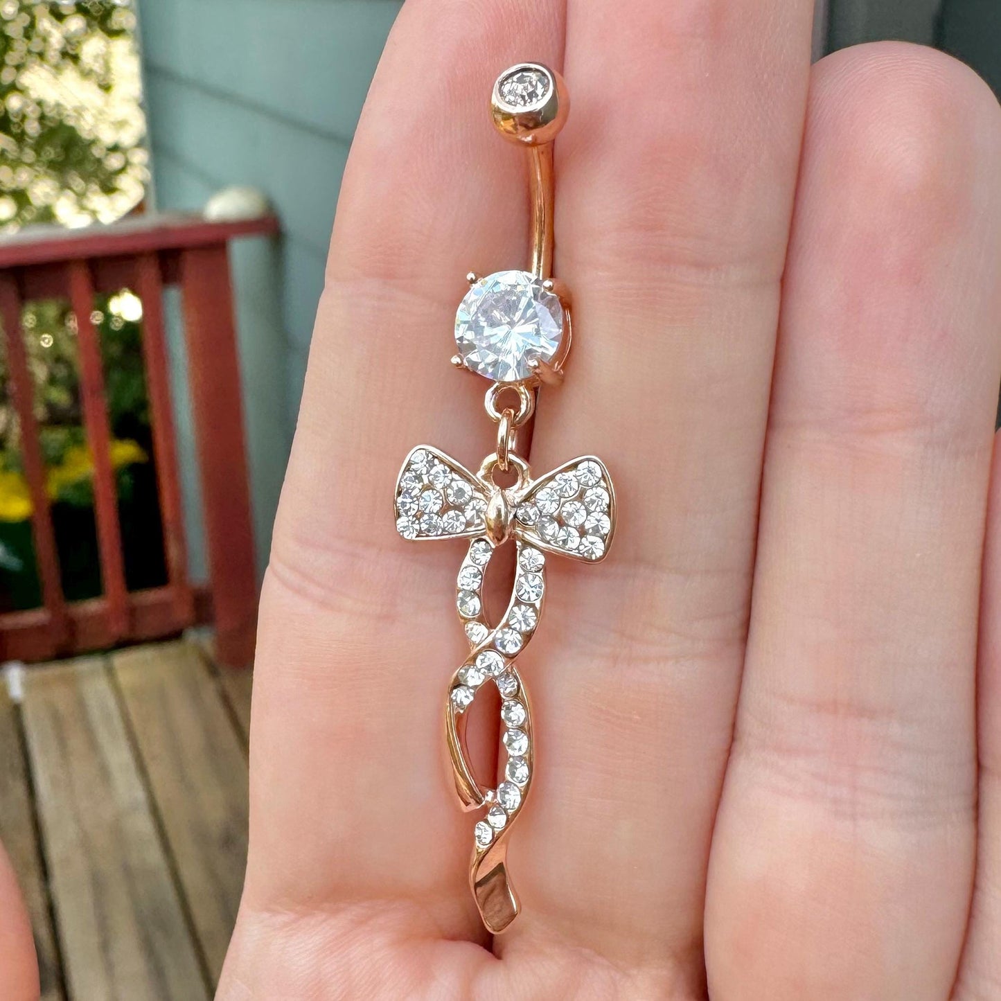 Rose Gold Dangly Bow Belly Button Ring (14G, 10mm, Surgical Steel)