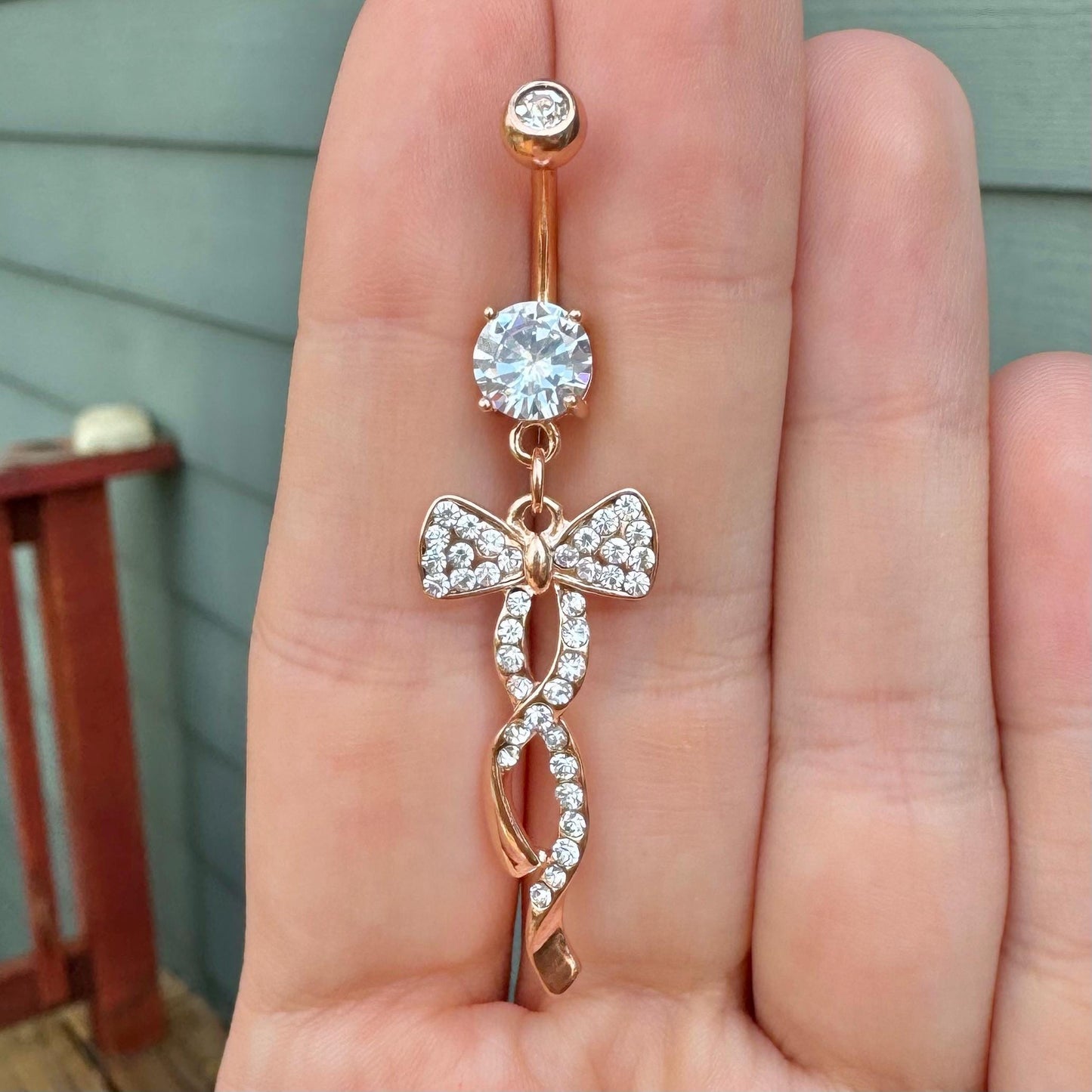 Rose Gold Dangly Bow Belly Button Ring (14G, 10mm, Surgical Steel)