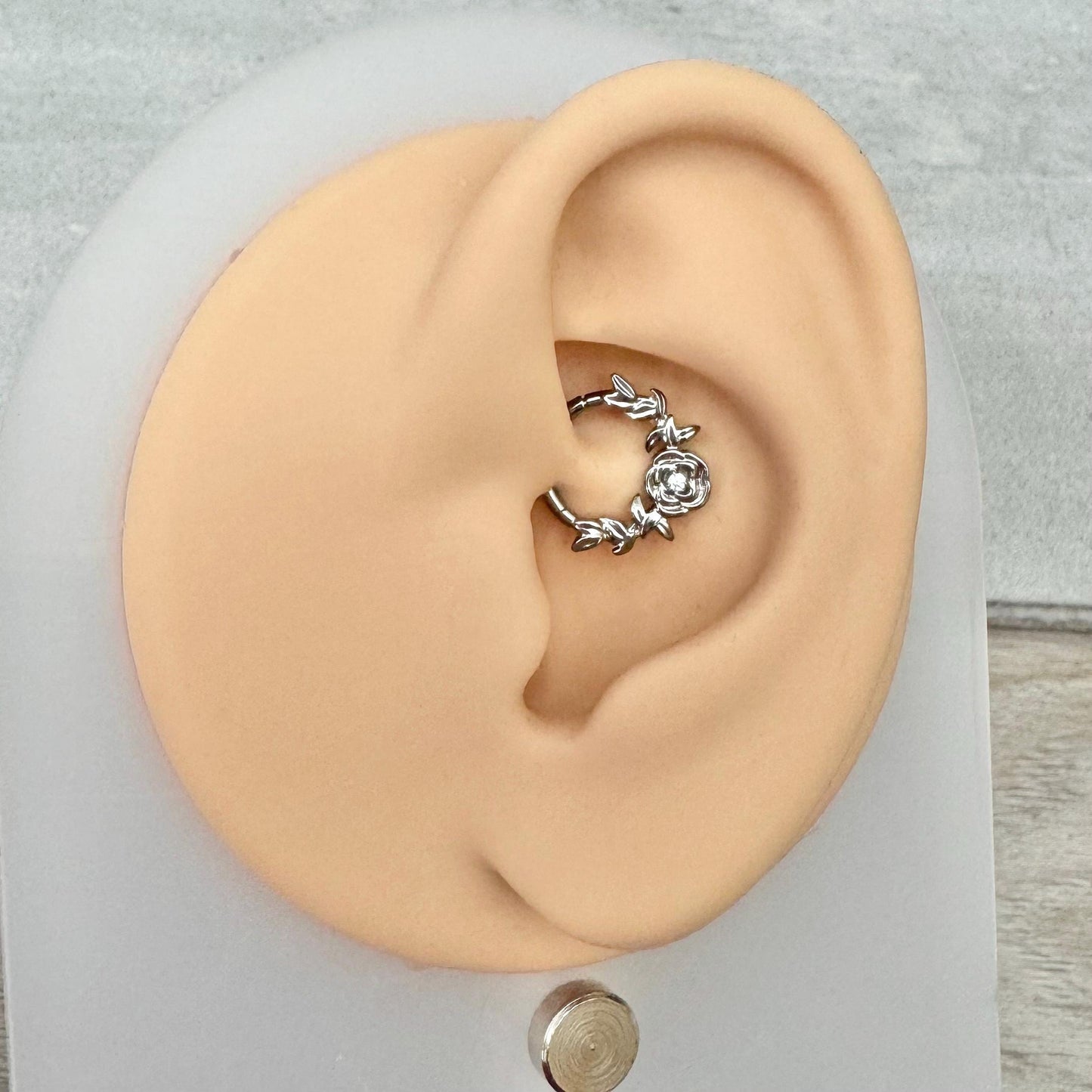 Silver Rose & Thorn Daith Earring (16G, 8mm or 10mm, Titanium, Silver or Gold)