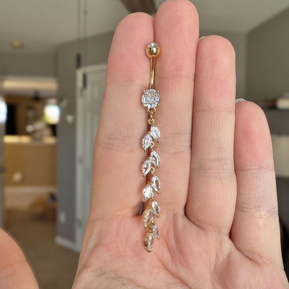 Long Dangly Vine Belly Button Ring (14G, 10mm, Surgical Steel, 14k Gold Plated, Silver or Gold)