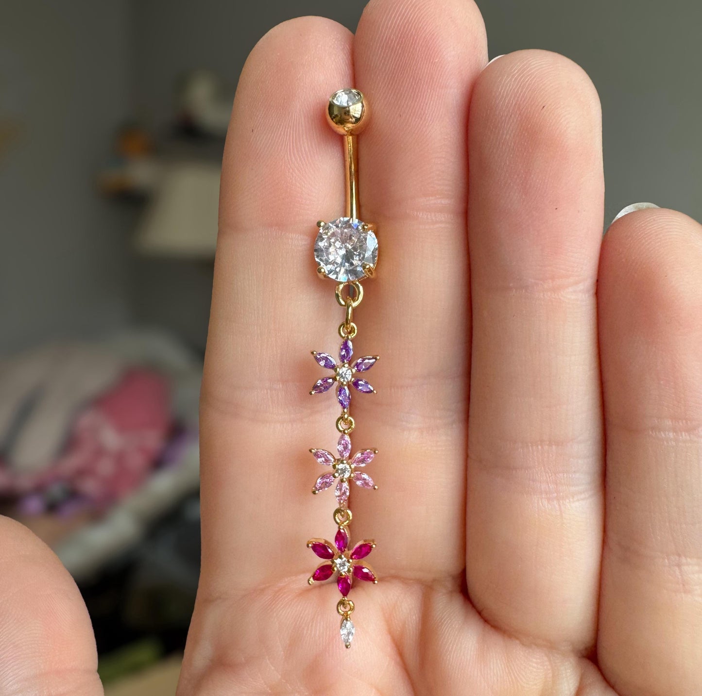 Long Dangly 14k Gold Plated Flower Belly Button Ring (14G, 10mm, Surgical Steel, Gold or Silver)