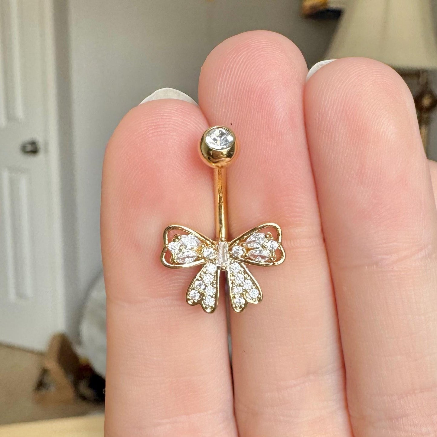 Dainty Cute Bow Belly Button Ring (14G, 10mm, Surgical Steel, 14k Gold Plated, Gold or Silver)