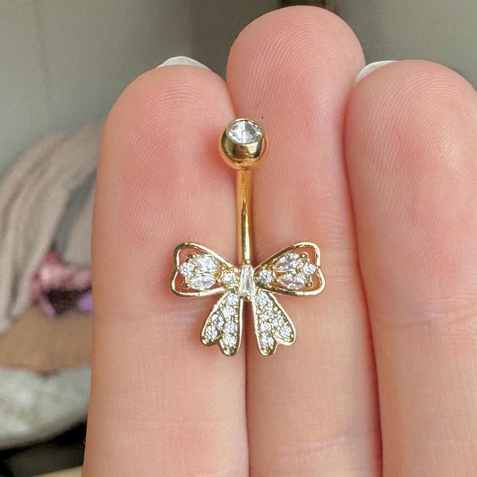 Dainty Cute Bow Belly Button Ring (14G, 10mm, Surgical Steel, 14k Gold Plated, Gold or Silver)