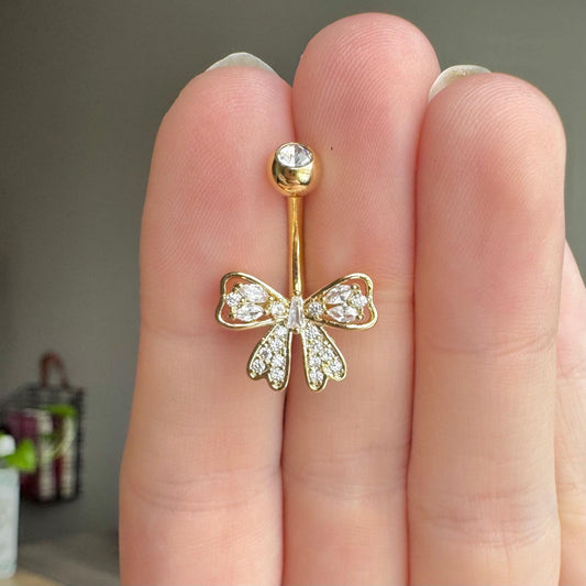 Dainty Cute Bow Belly Button Ring (14G, 10mm, Surgical Steel, 14k Gold Plated, Gold or Silver)