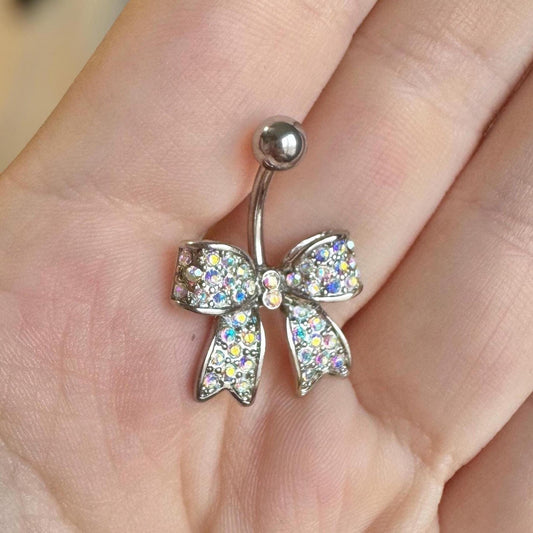 Silver Aurora CZ Bow Belly Button RIng (14G, 10mm, Surgical Steel, Gold, Rose Gold or Silver)