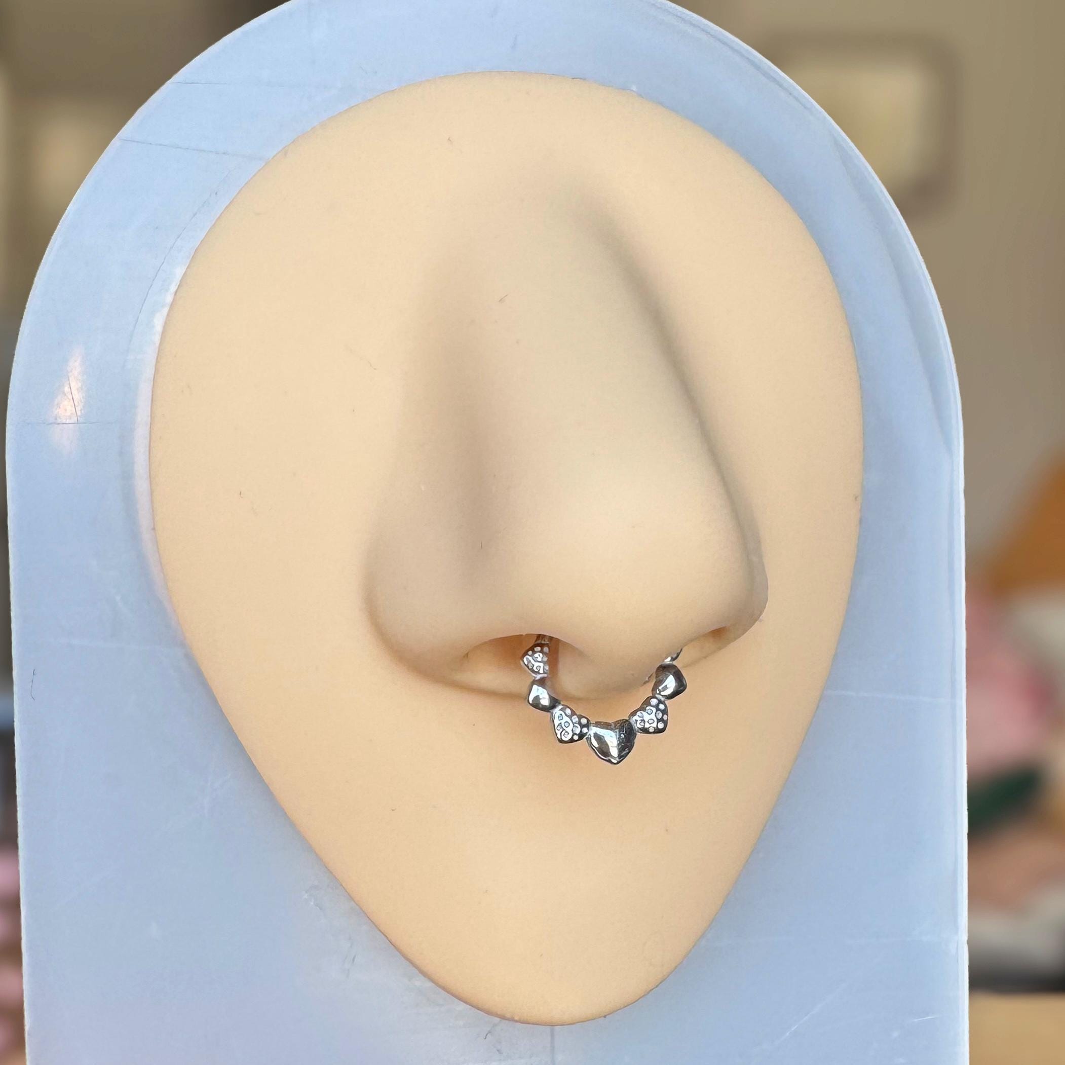 Septum Ring with alternating hearts and strawberries, silver color