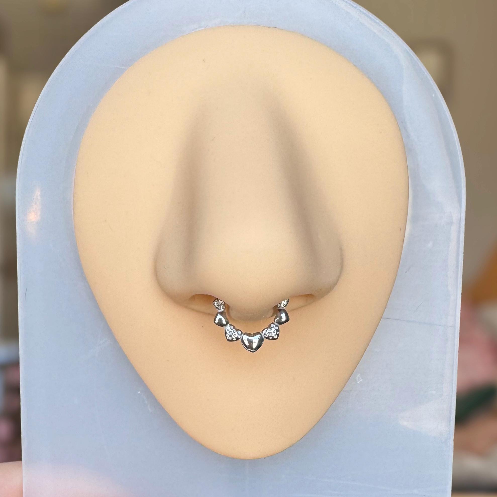 Septum Ring with alternating hearts and strawberries, silver color