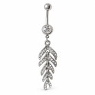 Silver toned belly button ring, with a leaf designed charm with CZs