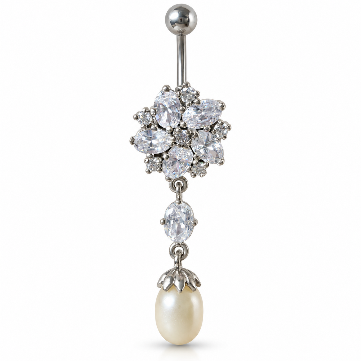 Belly button ring with a central flower made of clustered CZ stones, a dangly oval cz and a dangly faux pearl.