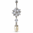 Belly button ring with a central flower made of clustered CZ stones, a dangly oval cz and a dangly faux pearl.