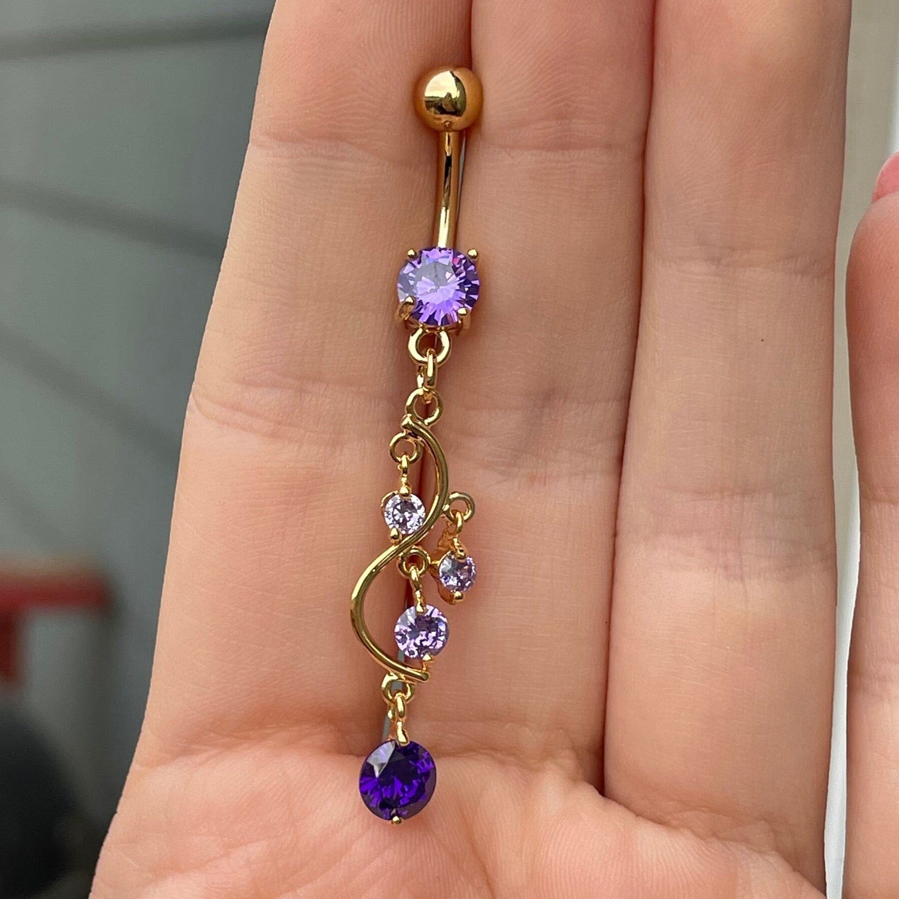 Eternal Cascade Belly Button Ring-Belly Button Rings-Gold/Purple CZs-Elara Body Jewelry