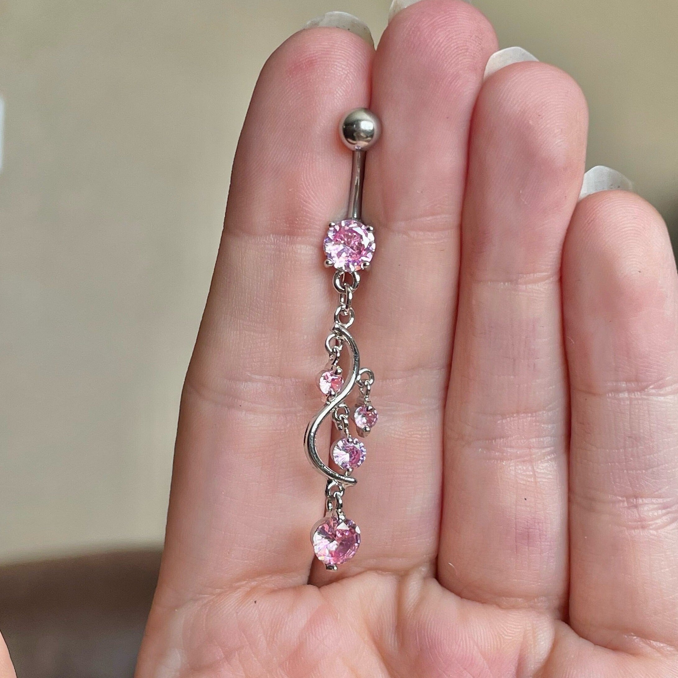 Eternal Cascade Belly Button Ring-Belly Button Rings-Silver/Pink CZs-Elara Body Jewelry