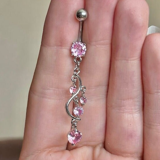 Eternal Cascade Belly Button Ring-Belly Button Rings-Silver/Pink CZs-Elara Body Jewelry