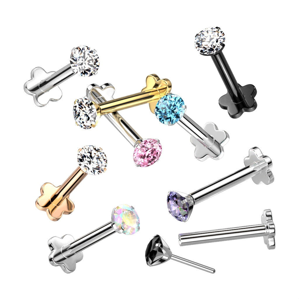Flat Back Stud Piercing (16G or 18G | 8mm | Titanium | Multiple Color Options)-Cartilage Earring-16G-Gold | Clear CZ-Elara Body Jewelry