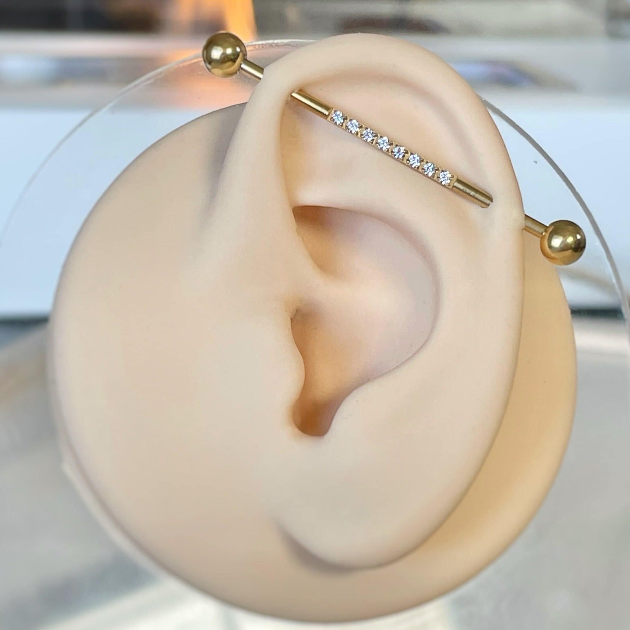 Gold Halo Industrial Piercing-Industrial Barbell-Gold/Clear CZs-Elara Body Jewelry
