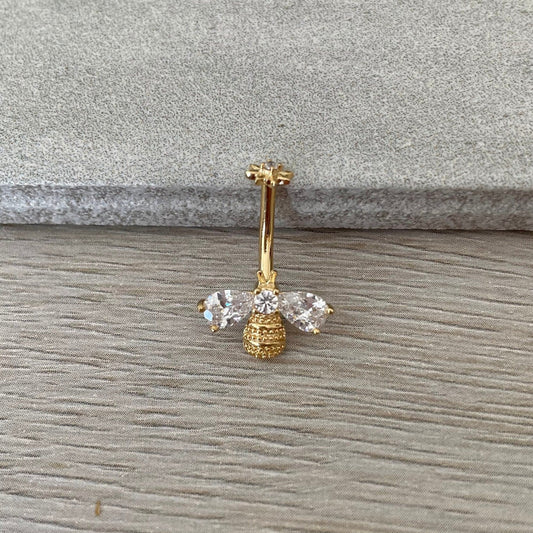 Internally Threaded Gold Bee Belly Button Piercing (14G | 10mm | Surgical Steel | Gold, Rose Gold, or Silver)