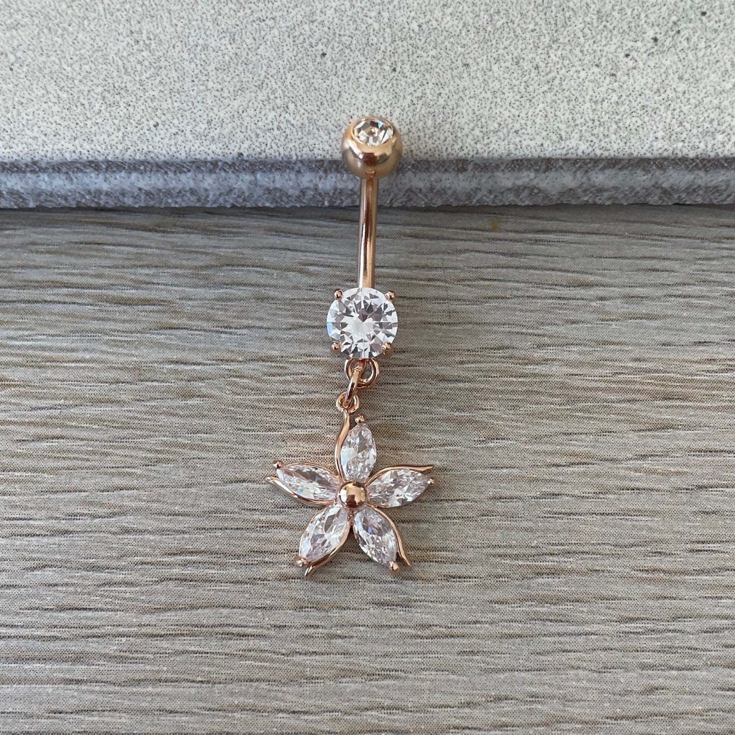 Rose Gold Dangling Hibiscus Belly Button Ring (14G | 10mm | Surgical Steel)