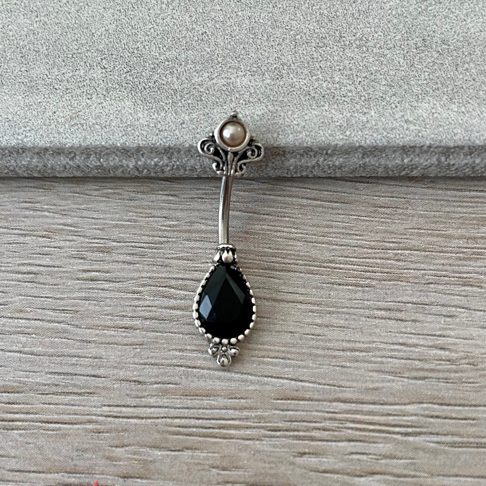 Silver Black Vintage Belly Button Piercing (14G | 10mm | Surgical Steel)