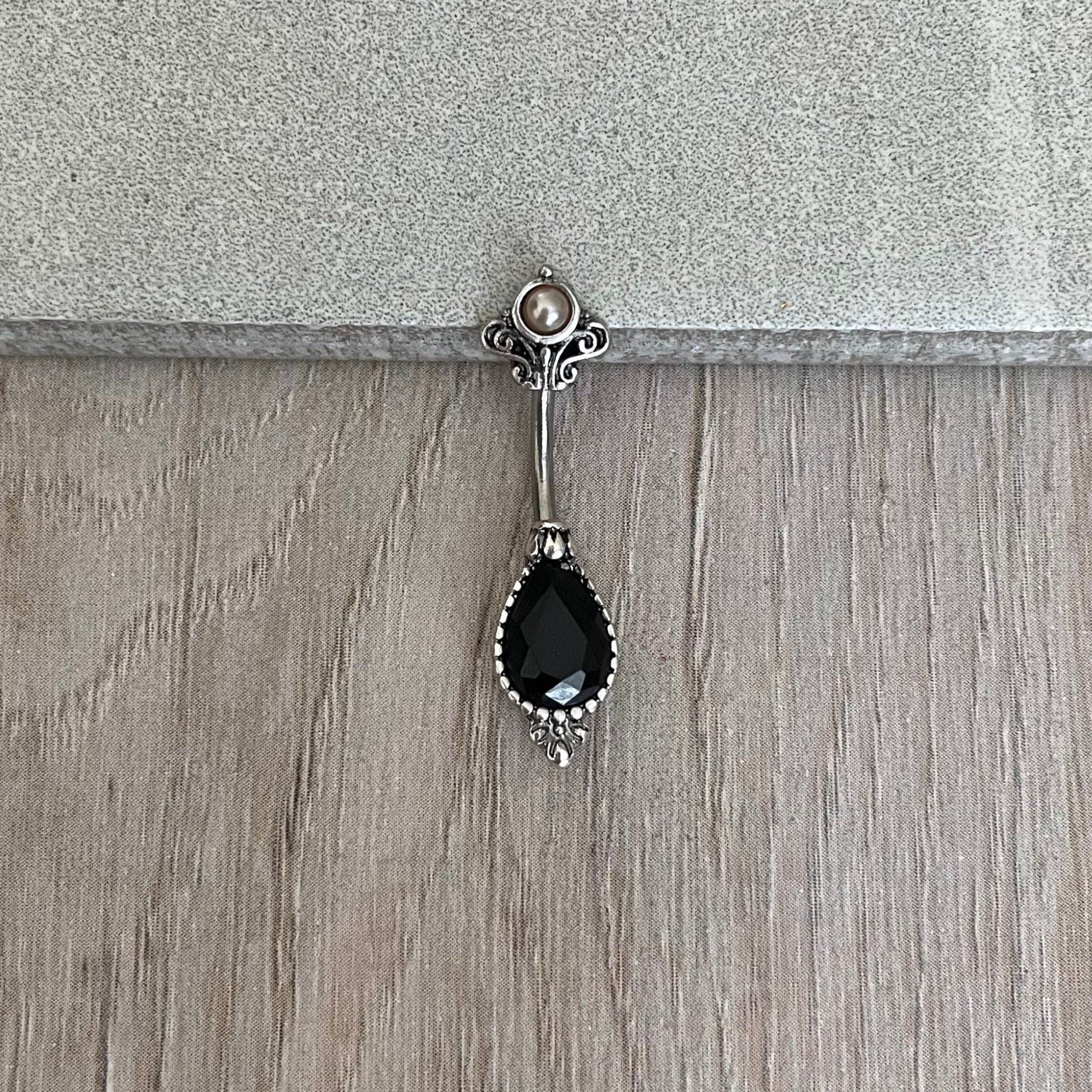 Silver Black Vintage Belly Button Piercing (14G | 10mm | Surgical Steel)