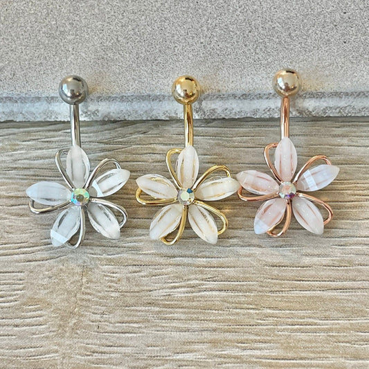 Rose Gold Flower Belly Button Ring (14G | 10mm | Surgical Steel | Rose Gold, Gold or Silver)