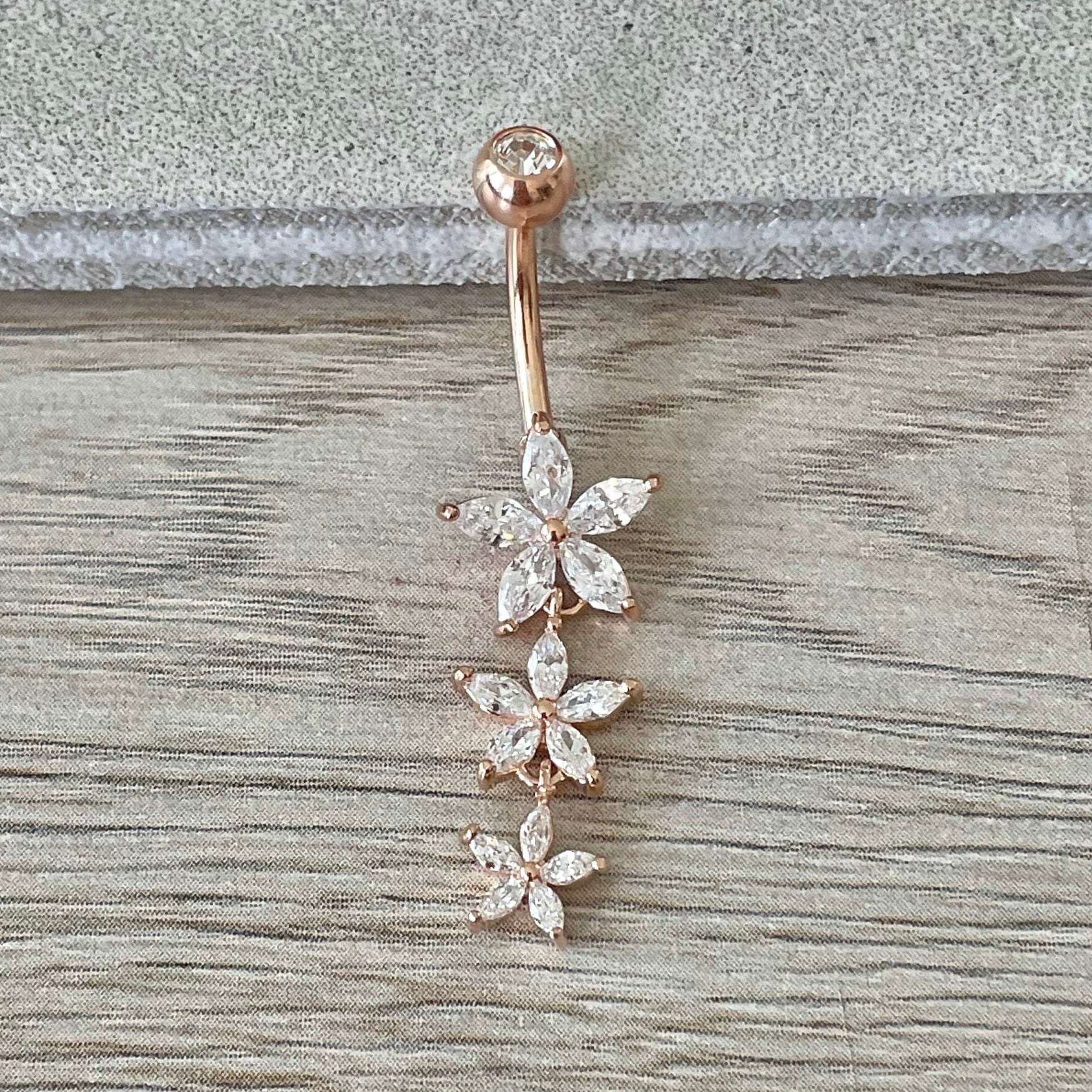 Rose Gold Flower Dangly Belly Button Ring (14G | 10mm | Surgical Steel | Gold, Rose Gold, or Silver)