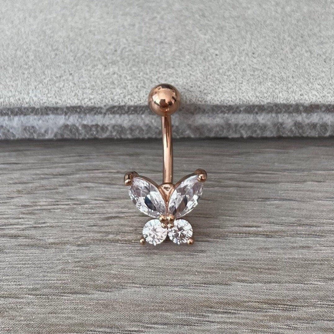 Rose Gold Butterfly Belly Button Ring (14G | 10mm | Surgical Steel)