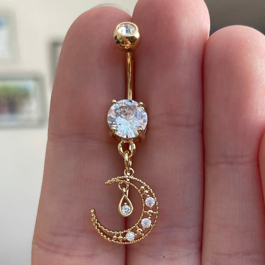 Gold Moon Belly Button Ring (14G | 10mm | Surgical Steel | Gold, Silver or Rose Gold)
