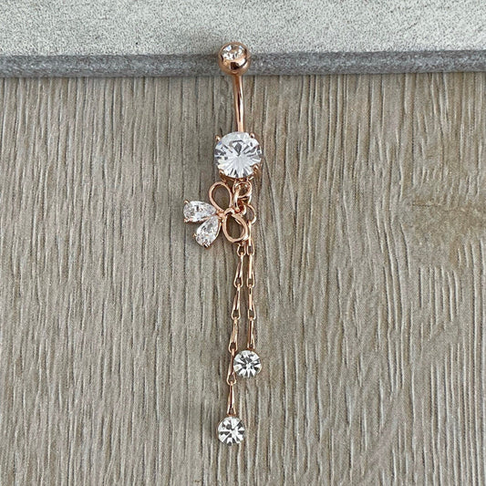 Dangly Rose Gold Bow Belly Button Piercing (14G | 10mm | Surgical Steel | Rose Gold or Gold)