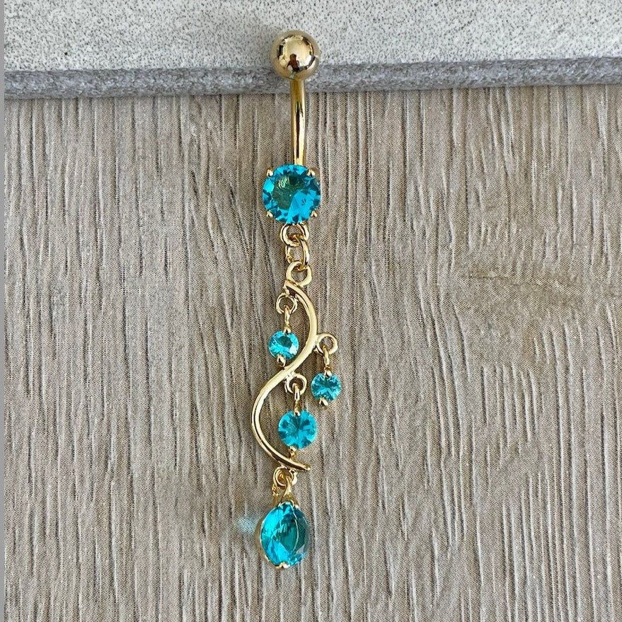 Gold Aqua Belly Button Ring Dangly (14G | 10mm | Surgical Steel | Multiple Color Options)