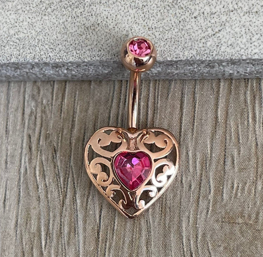 Rose Gold & Pink Heart Belly Button Ring (14G | 10mm | Surgical Steel | Rose Gold w/Pink CZ, Gold w/Red CZ, or Silver w/Clear CZ)