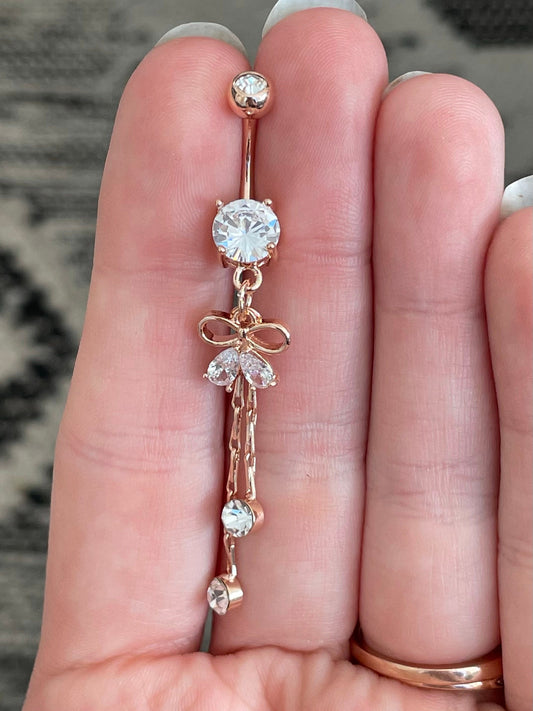 Dangly Rose Gold Bow Belly Button Piercing (14G | 10mm | Surgical Steel | Rose Gold or Gold)