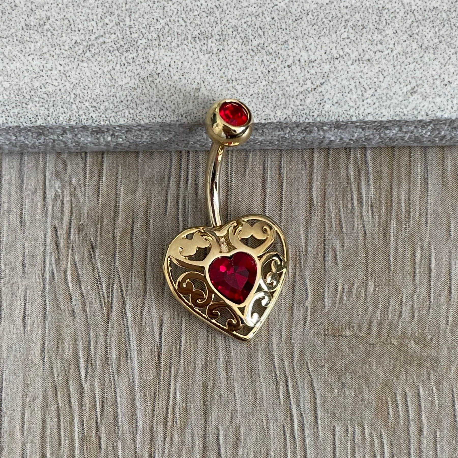Red & Gold Heart Belly Button Ring (14G | 10mm | Surgical Steel | Gold w/Red CZ, Rose Gold w/Pink CZ, or Silver w/Clear CZ)