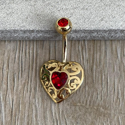 Red & Gold Heart Belly Button Ring (14G | 10mm | Surgical Steel | Gold w/Red CZ, Rose Gold w/Pink CZ, or Silver w/Clear CZ)