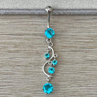 Long Dangly Silver Blue Belly Button Piercing (14G | 10mm | Surgical Steel | Multiple Metal Color & CZ Color Options)