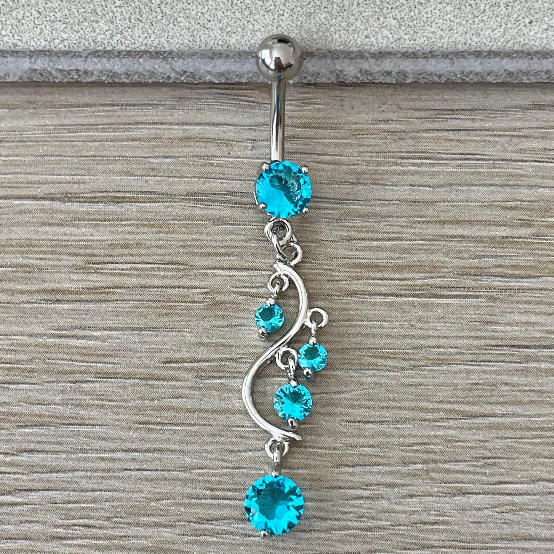 Long Dangly Silver Blue Belly Button Piercing (14G | 10mm | Surgical Steel | Multiple Metal Color & CZ Color Options)