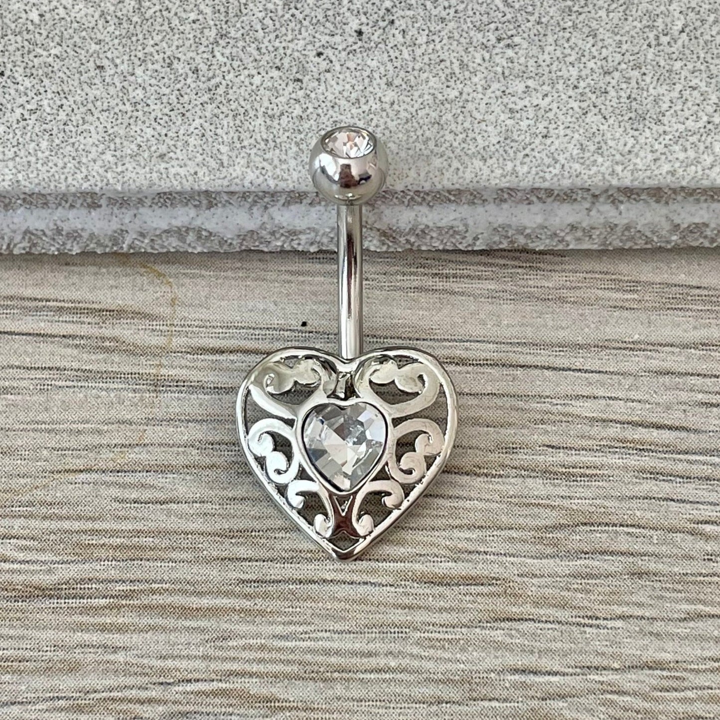 Silver Heart Belly Button Piercing (14G | 10mm | Surgical Steel | Silver, Rose Gold w/Pink CZ, or Gold w/Red CZ)