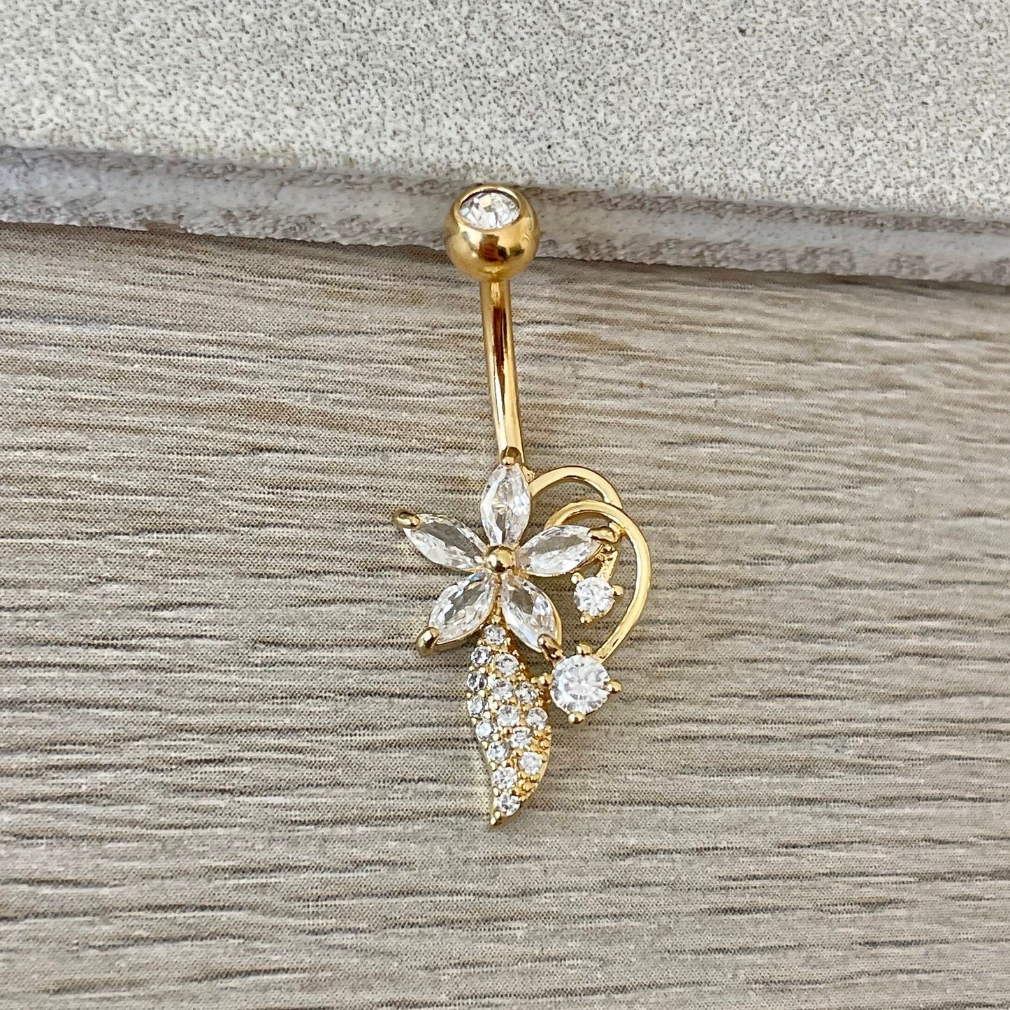 Gold CZ Flower Belly Button Ring (14G | 10mm | Surgical Steel | Gold, Rose Gold, or Silver)