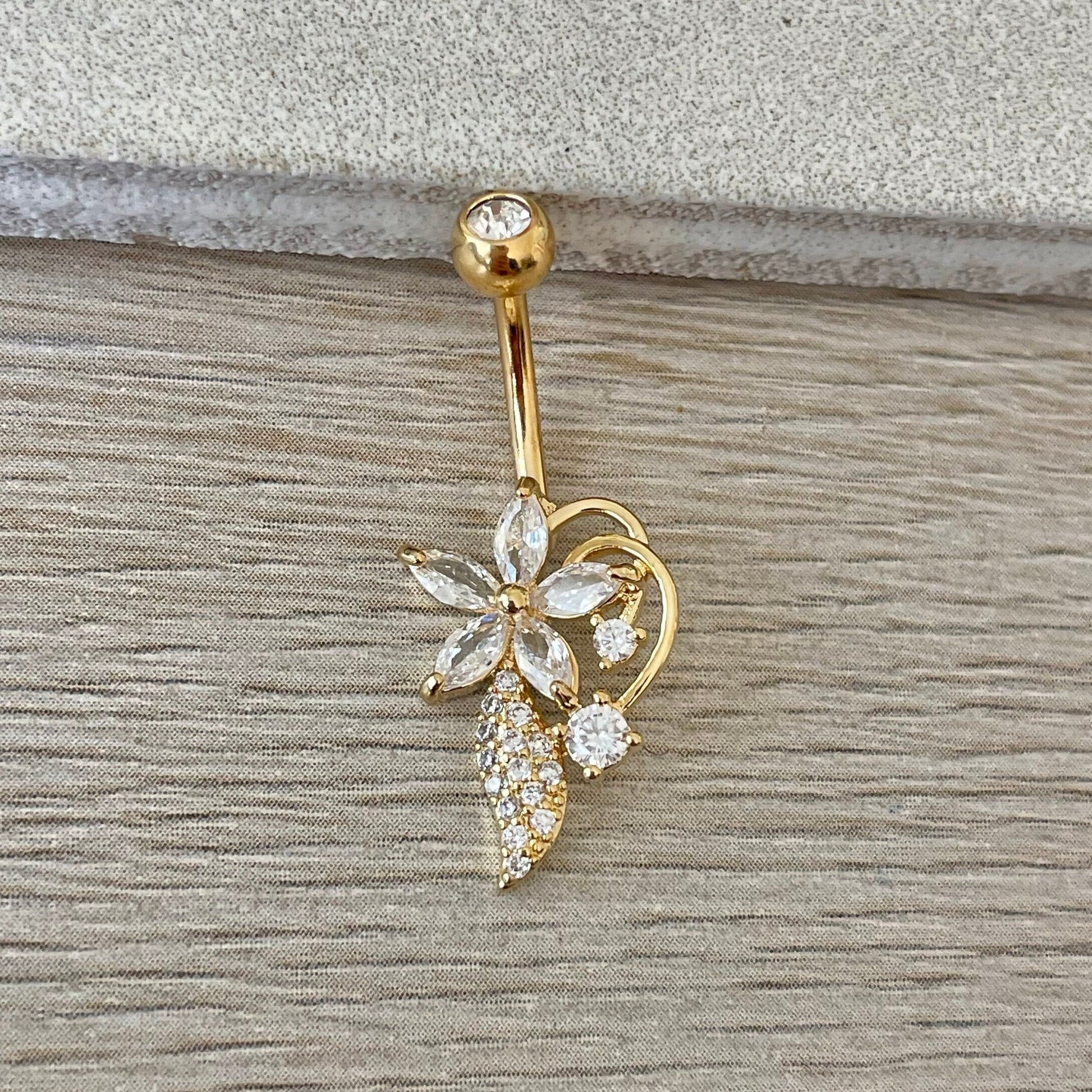 Gold CZ Flower Belly Button Ring (14G | 10mm | Surgical Steel | Gold, Rose Gold, or Silver)