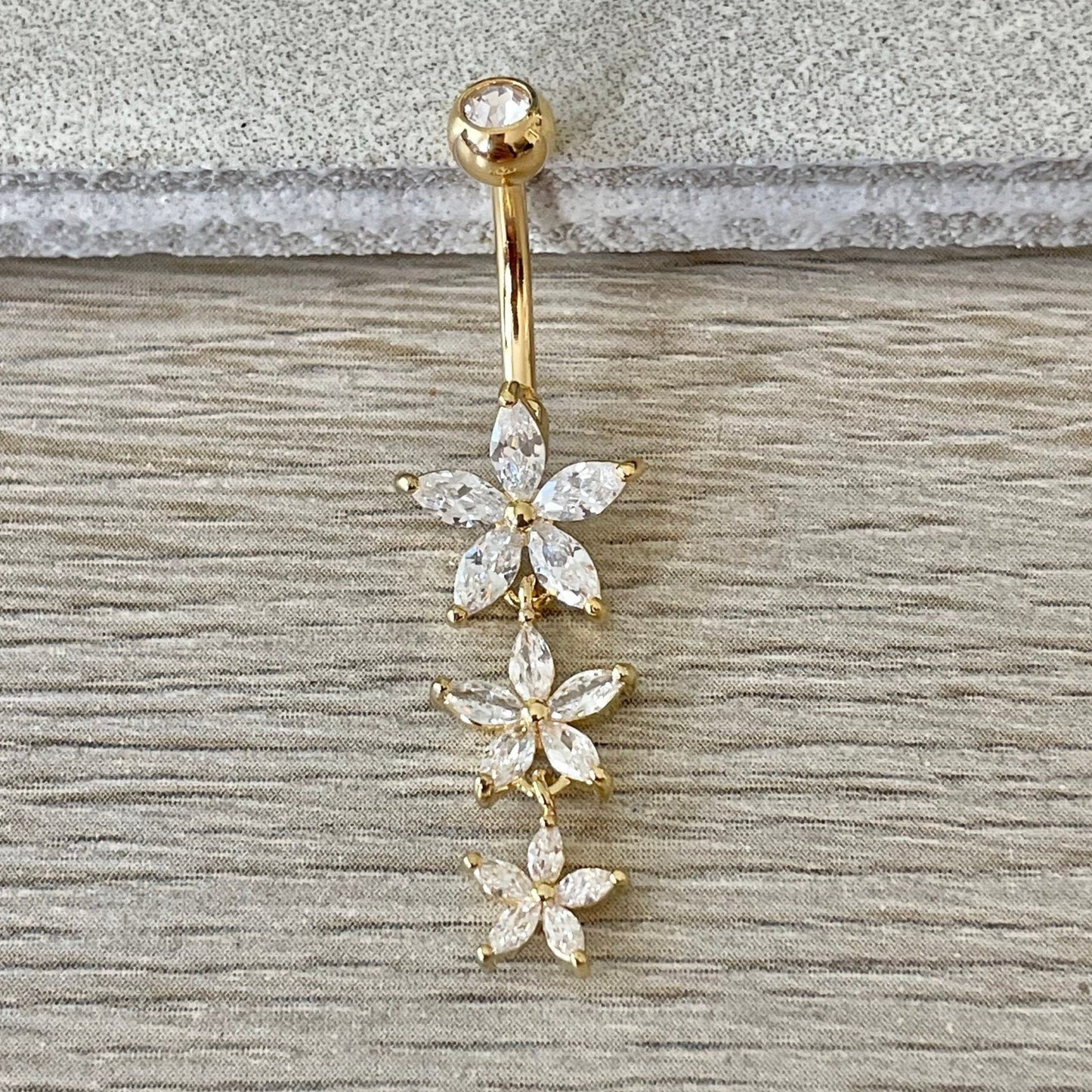 Dangly Flower Belly Button Piercing (14G | 10mm | Surgical Steel | Gold, Rose Gold, or Silver)