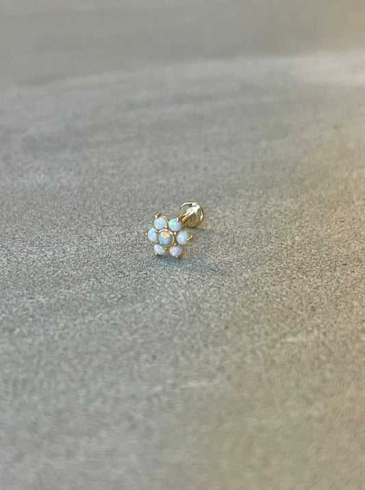 Internally Threaded 14k Solid Gold Flower Opal Flat Back Stud for Cartilage, Tragus, Conch, Helix, etc. (16G, 6mm or 8mm)