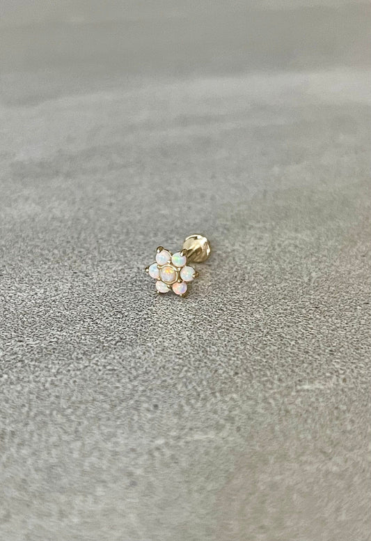 Internally Threaded 14k Solid Gold Flower Opal Flat Back Stud for Cartilage, Tragus, Conch, Helix, etc. (16G, 6mm or 8mm)