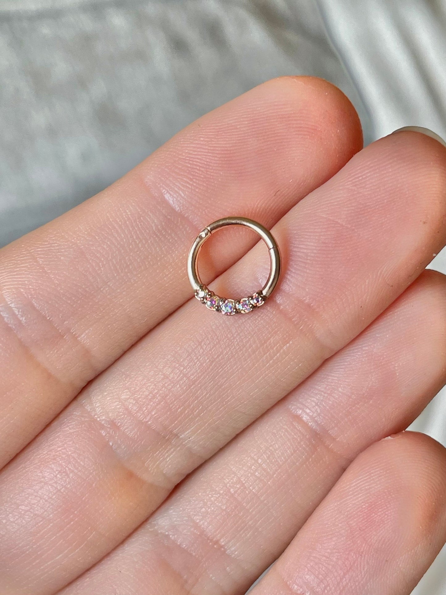 Rose Gold Daith Earring with Color-Shifting CZ (16G, 8mm or 10mm - Surgical Steel)