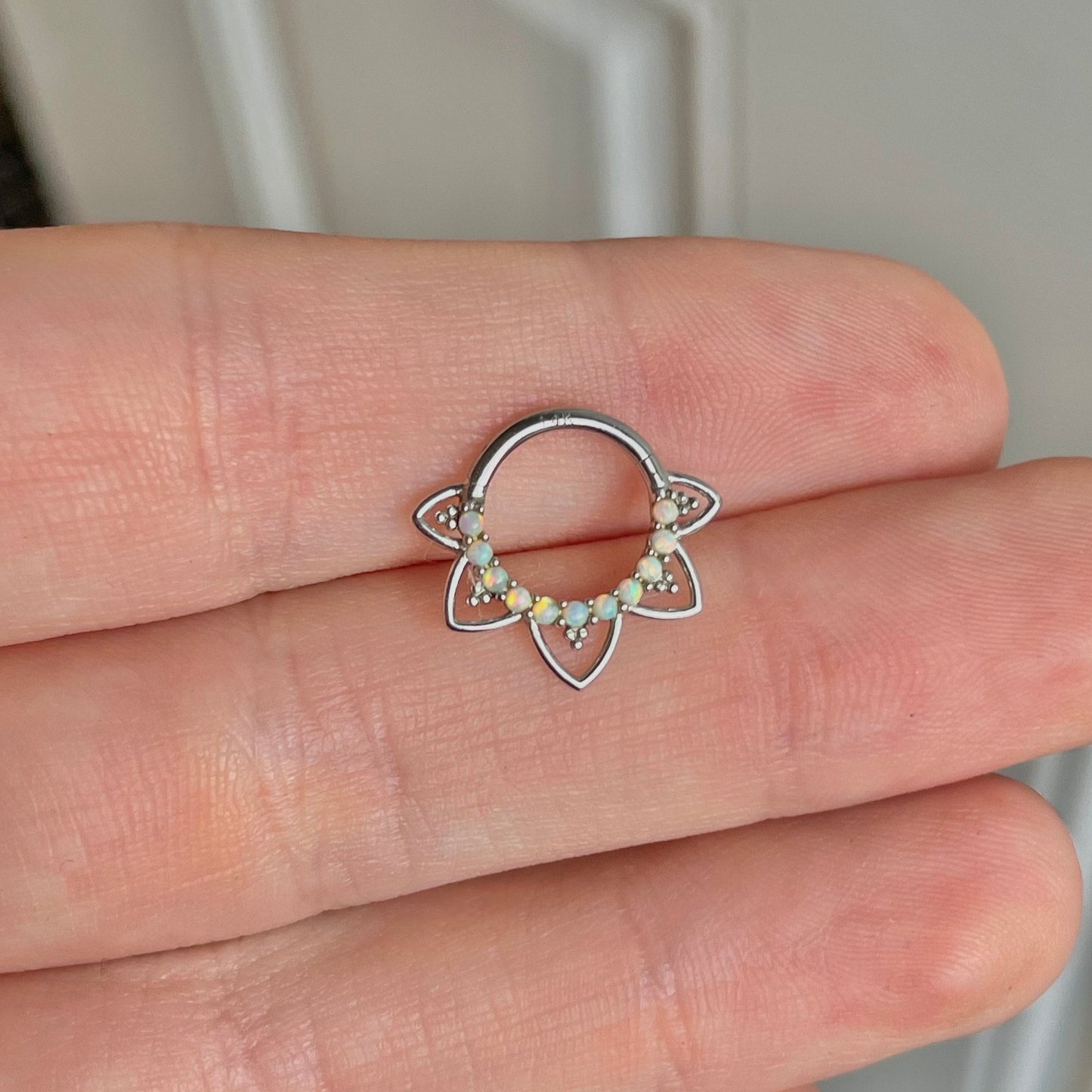 White Gold Opal Septum Piercing (16G | 8mm or 10mm | 14k Solid Gold | White or Yellow Gold)