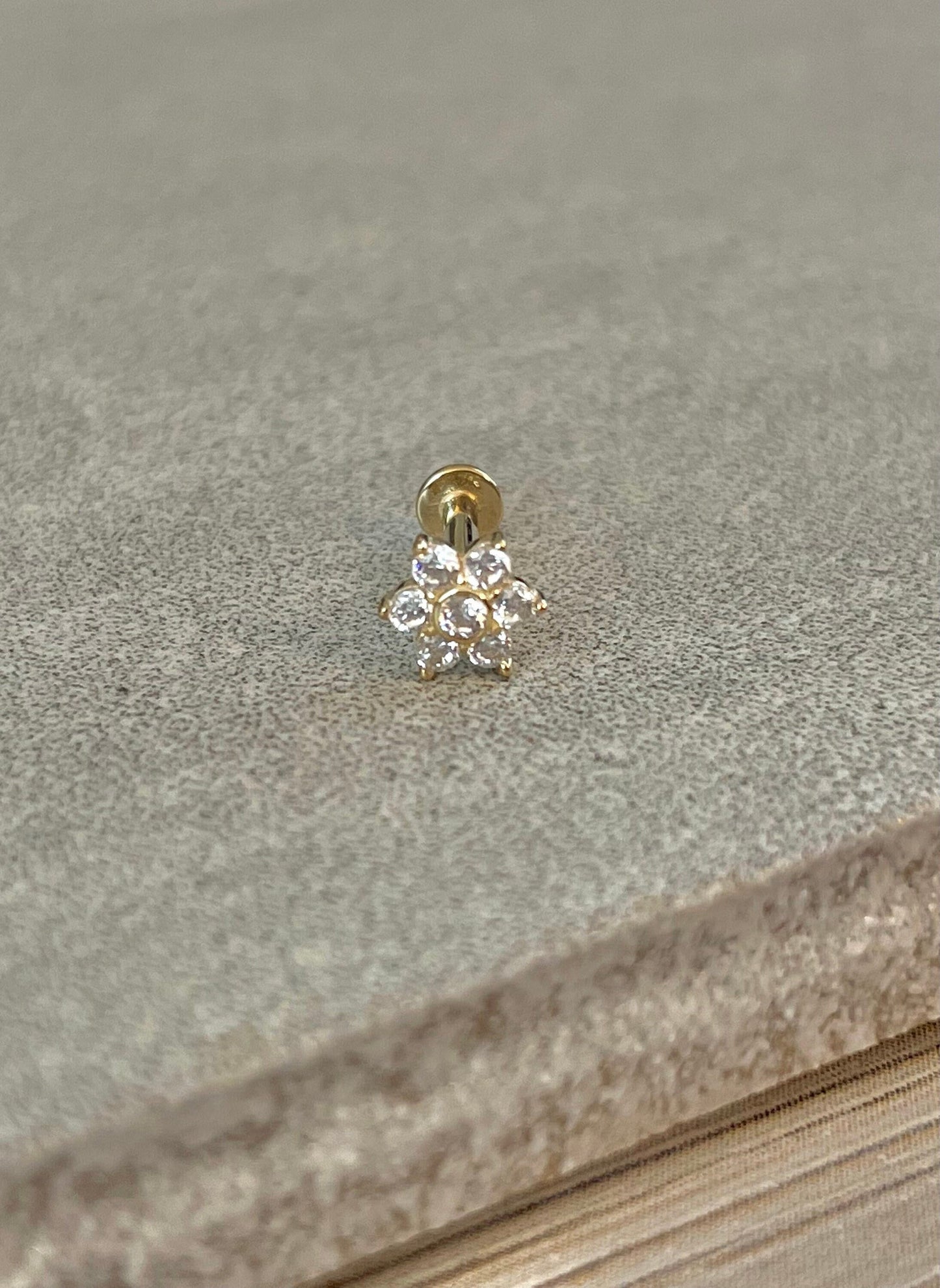 14k Solid Gold Flat Back Flower Stud, Internally Threaded for Cartilage, Tragus, Conch, Helix and more(16g, 6mm or 8mm)