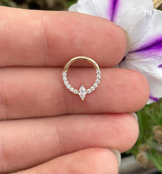 Marquise CZ Solid White Gold Septum Piercing (16G | 8mm or 10mm | 14k Solid Gold | White or Yellow Gold)