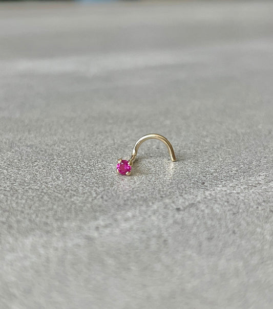 14K Solid Gold Nose Stud Screw with Red CZ (20G | 6mm | 14k Solid Gold | White or Yellow Gold)