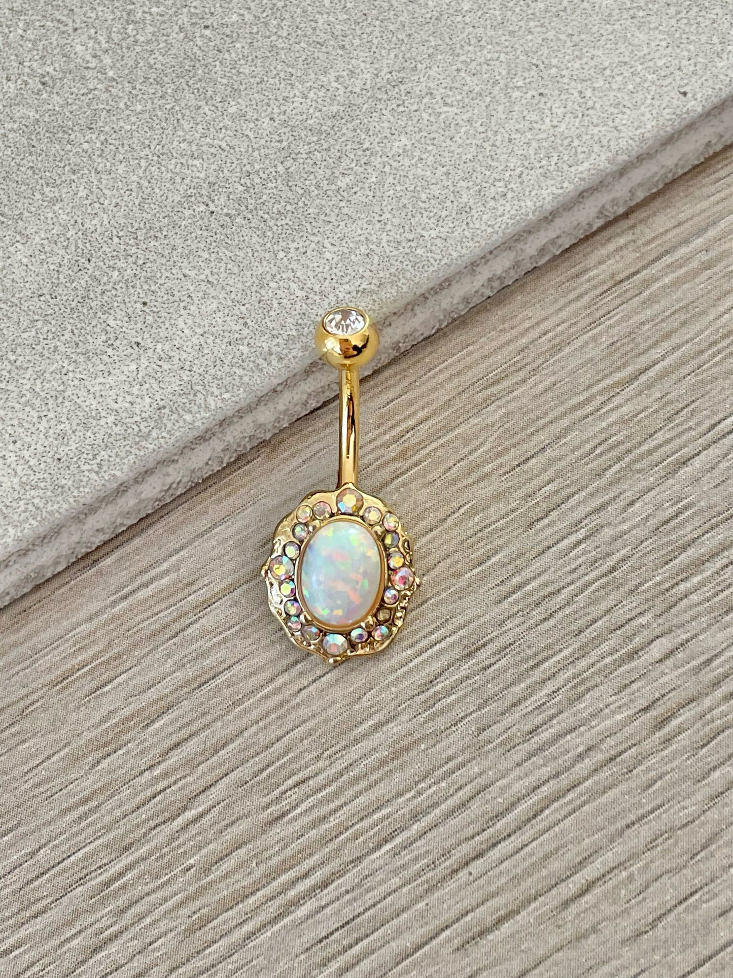 Gold Opal Belly Button Ring with Aurora/Color-Shifting Jewels (14G | 10mm | Surgical Steel)
