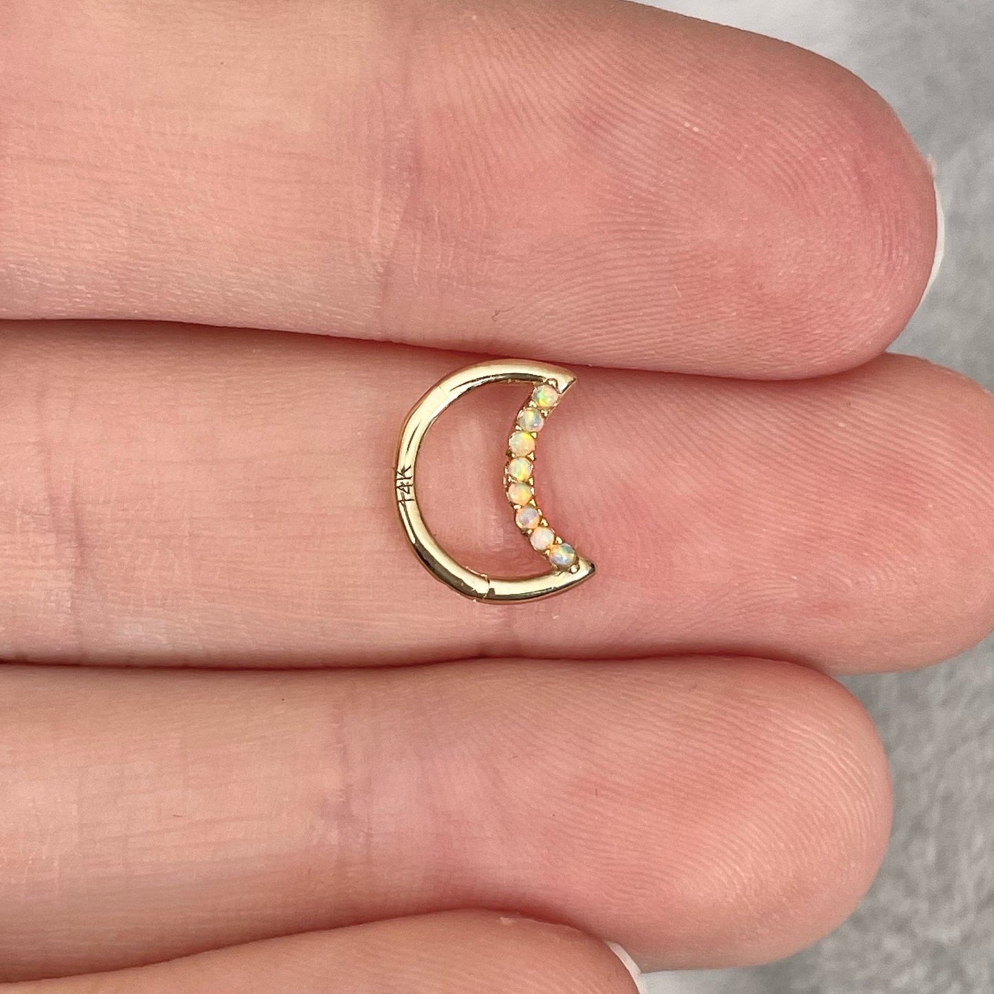 14k Solid Gold Opal Moon Daith Earring (16G | 8mm | 14k Solid Gold | White or Yellow Gold)